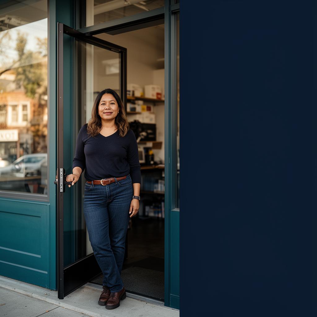 Local business owner welcoming nearby customers